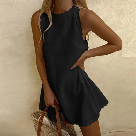 Marina Linen Dress with Red Cotton O-Neck