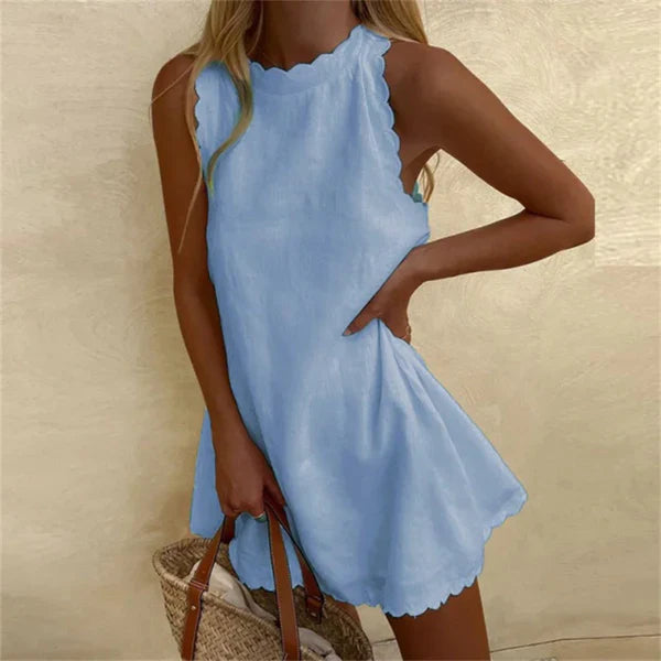 Marina Linen Dress with Red Cotton O-Neck
