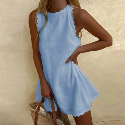 Marina Linen Dress with Red Cotton O-Neck