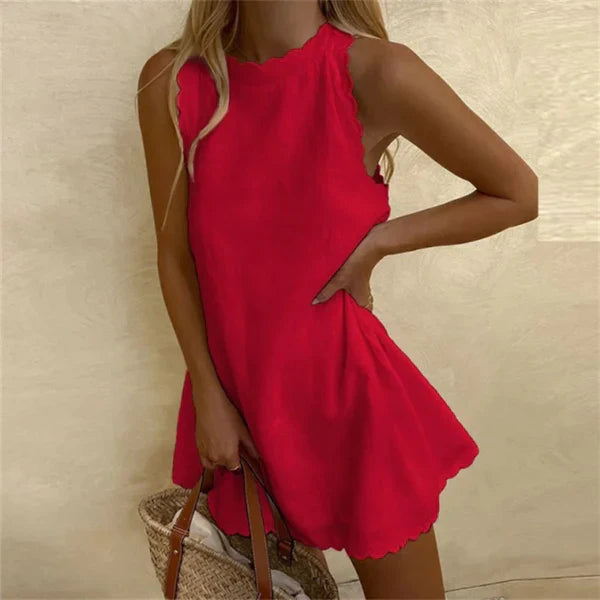 Marina Linen Dress with Red Cotton O-Neck