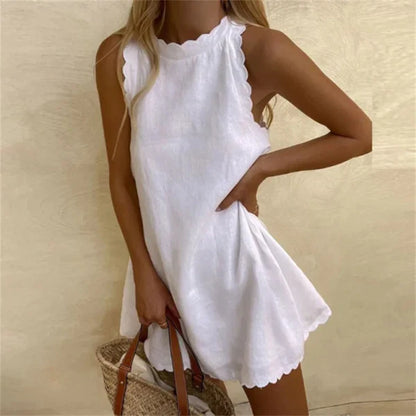 Marina Linen Dress with Red Cotton O-Neck